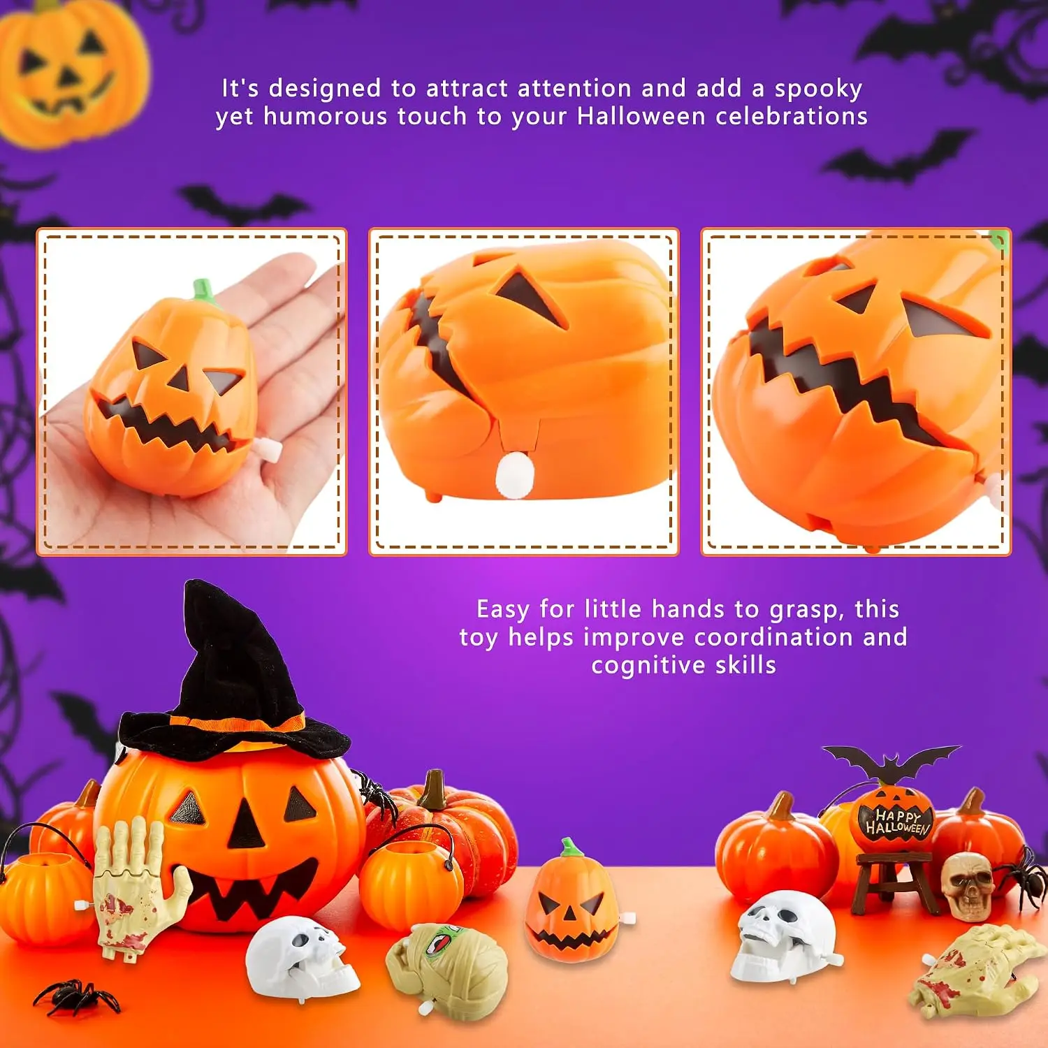 Set di 12 Giocattoli a Forma di Mulino per Halloween, Teschio, Mano di Zombie e Testa di Mummia, Decorazioni per Feste e Riempitivi per Sacchetti Regalo di Halloween