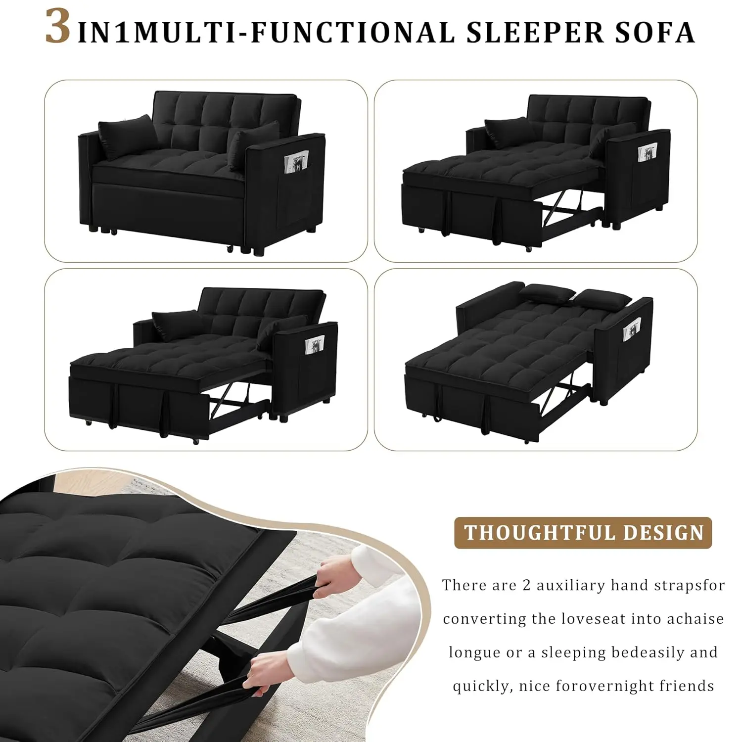 Sofá-cama, cama removível 3 em 1 conversível de 55 polegadas com bolsos laterais Sofá-cama de tecido de veludo com B ajustável