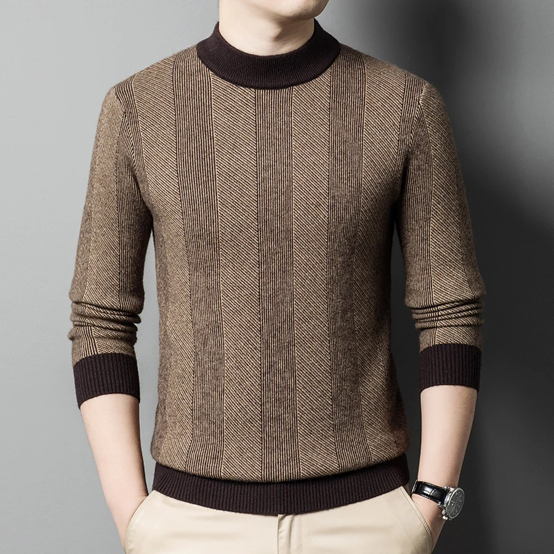 Men Autumn Winter Business Casual Slim Fit Stripe Pullovers Dad Sweater Man Handsome Knitted Sweaters Tops