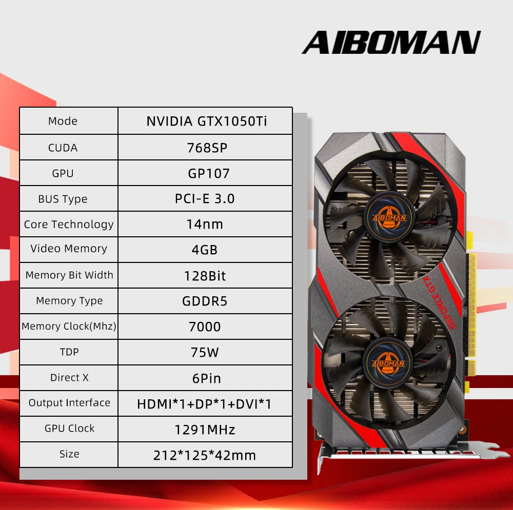 AIBOMAN NVIDIA GTX1050Ti 4G Graphics Card High Definition Gaming Independent Graphics card DDR5 Desktop Computer Upgrade