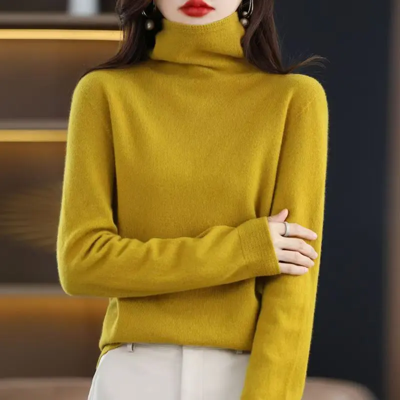 2025 100% 메리노 울 스웨터 우아한 캐시미어 풀오버 여성 파일 칼라 긴팔 니트웨어 기본 의류 점퍼 탑