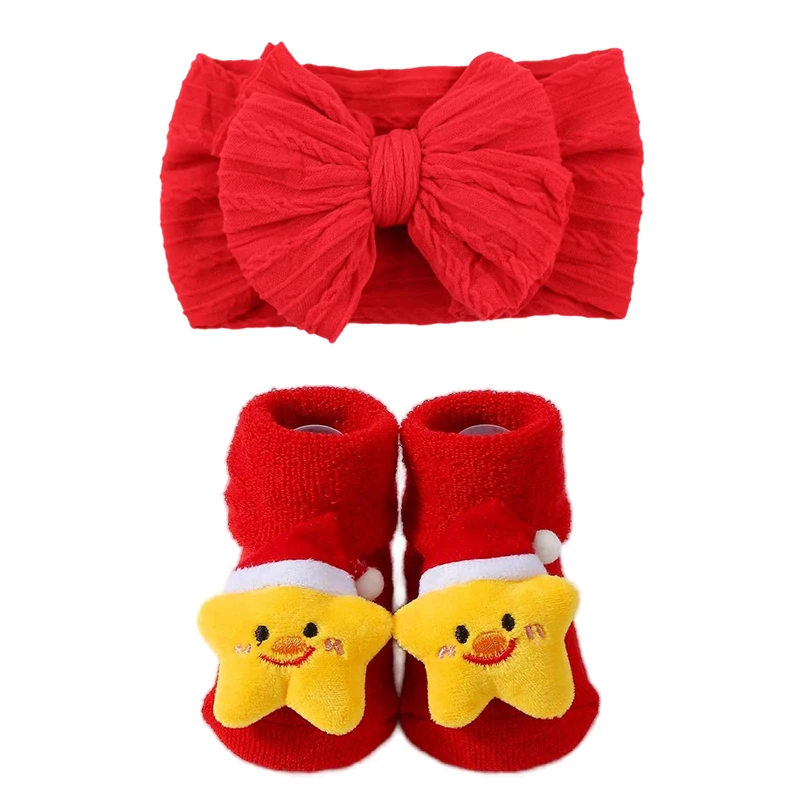 Gift Christmas Nylon Red Bow Headband Baby Infant Warm Socks Newborn Baby Girl Socks Headband Set Children Hair Accessories 0-1T