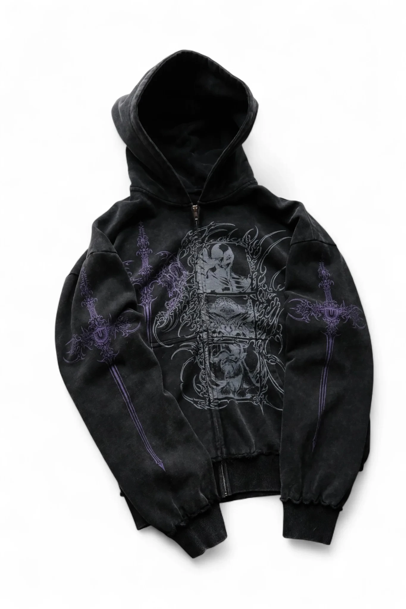 GOD-HAND-Sudadera con capucha Vintage lavada con cremallera, estampado gótico de figura oscura, ropa de calle Grunge Unisex de gran tamaño para hombres y mujeres