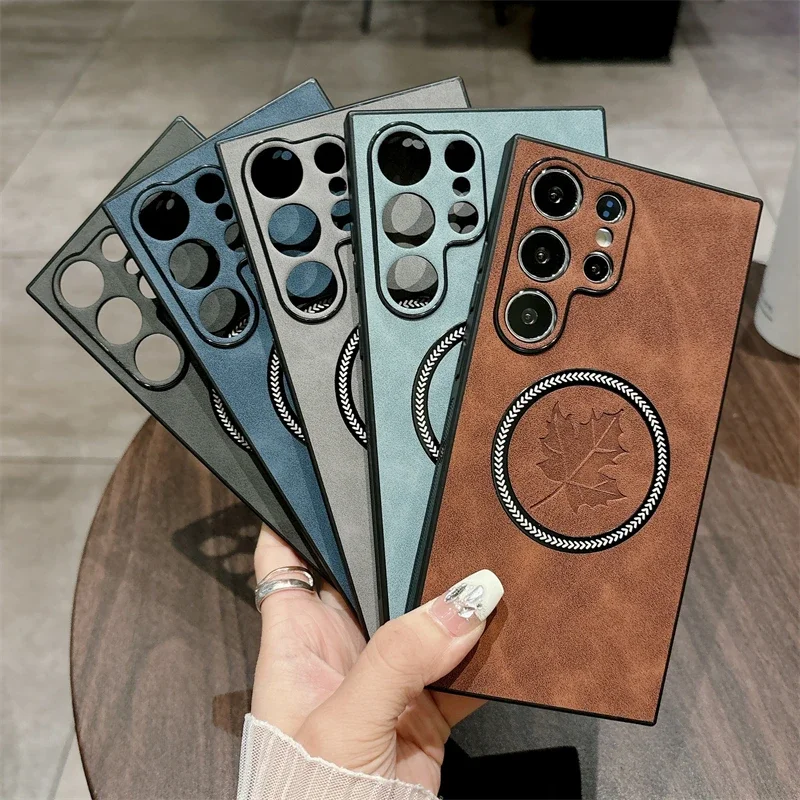 غطاء جلد فاخر غير لامع لهاتف sammagsafe ، حافظة شحن لاسلكية ، نمط أوراق القيقب ، S21 ، S23 FE ، S22 ، S24 Ultra Plus ، Note 20