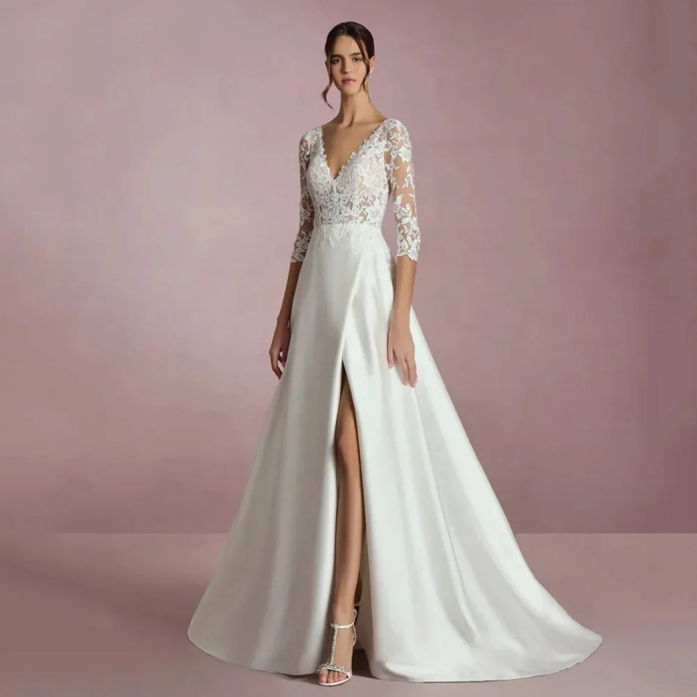 

Plus Size 2025 Wedding Dresses Lace Three Quarter Sleeves V Neck Satin Illusion Backless Appliques Brides Dresses Customized
