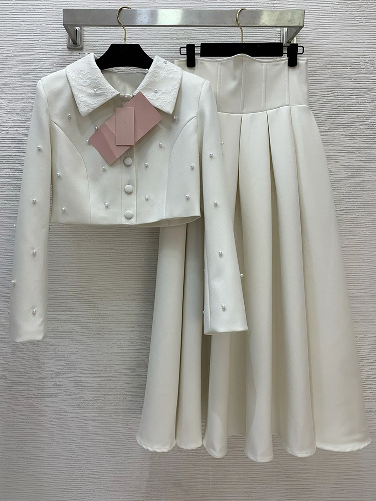Autumn 2025 New Lapel Single-Breasted Beaded Jacket + High Waist A-Shaped Skirt Elegant and Fashionable Two-Piece Women's Suit