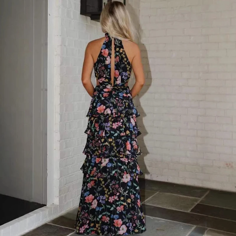 Mode bloemenprint hoge hals feestjurk dames sexy backless uitgehold slanke lange jurk elegante mouwloze taille bohe-jurk