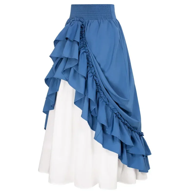 Jupe Doble capa casual con botones, Disfraz renacentista para mujer, dos, Doble volantes, longue jupe fruncida, taille