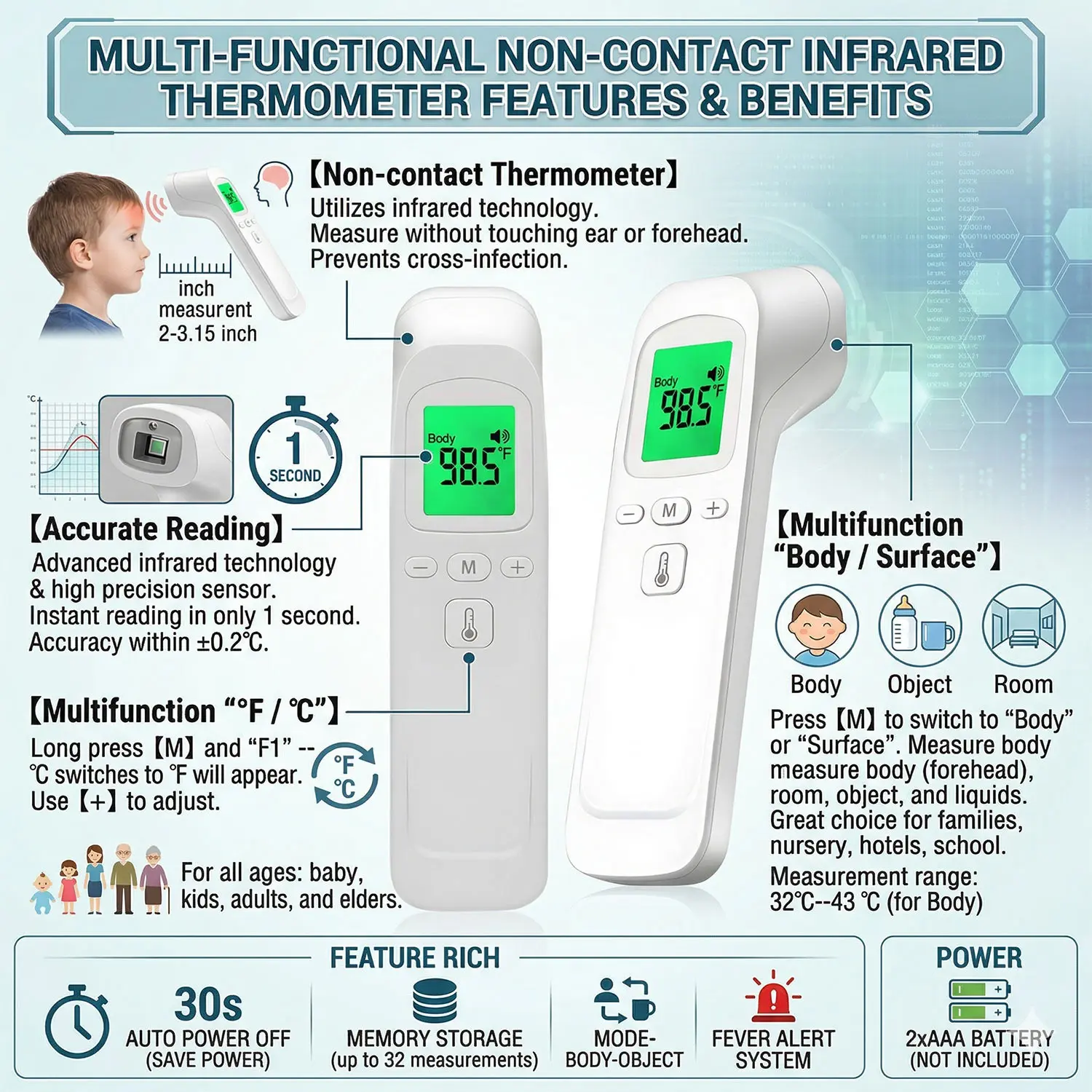 Medical Thermometer Non Contact Infrared Digital Thermometer Body Temperature Fever Measure Tool For Child Adult