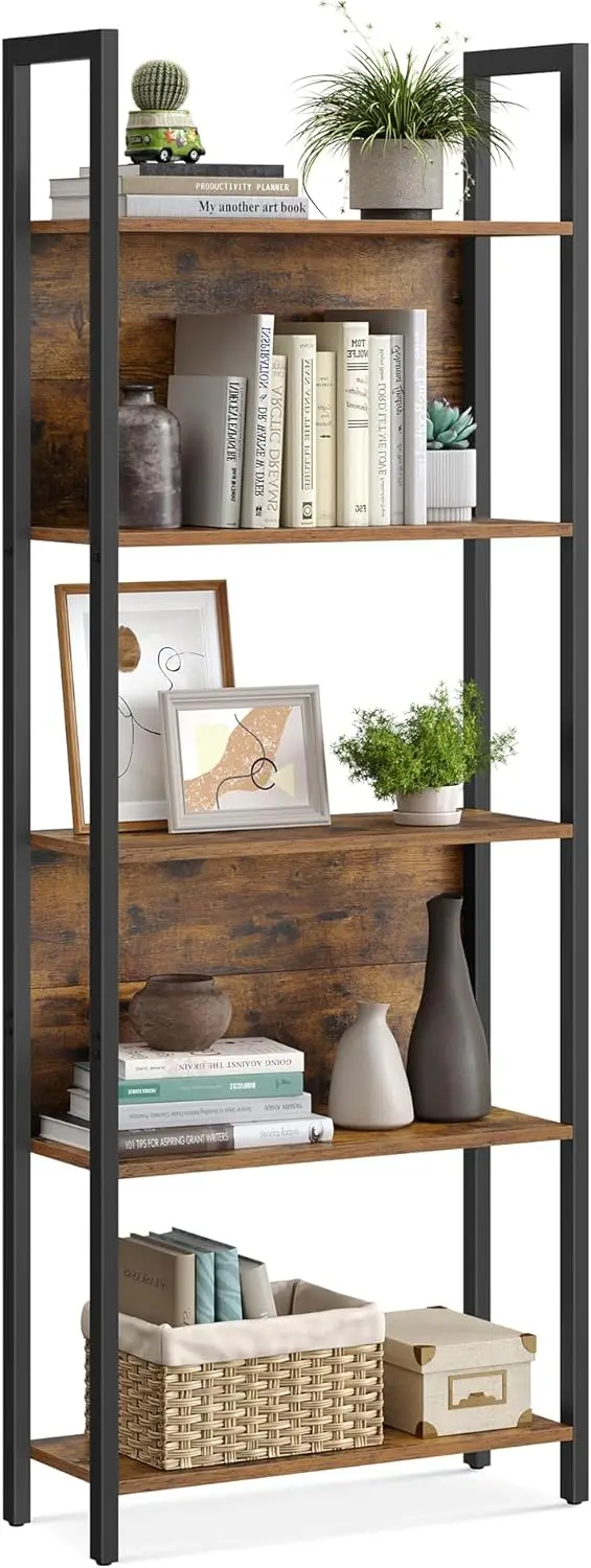 

5-Tier Industrial Bookcase with Steel Frame, Rustic Brown & Black, 9.4x24.4x65 Inches for Living Room