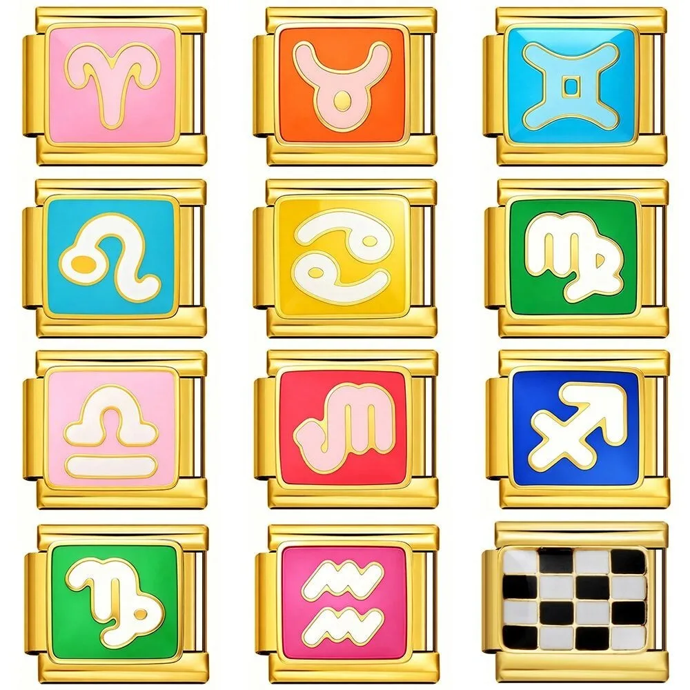 12 Constellation Italian Charms Colorful Zodiac Sign Links Fit 9mm Stainless Steel Bracelets DIY Making Fashion Jewerly Gifts