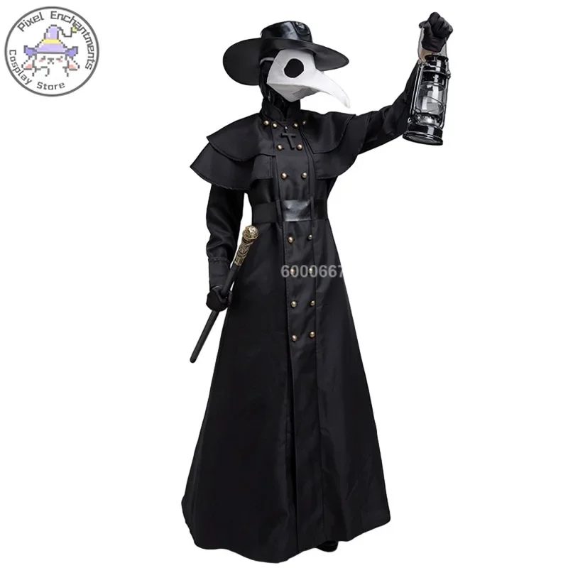 Medieval Hooded Robe Plague Doctor Costume Mask Hat Men Women Monk Cosplay Steampunk Priest Horror Wizard Cloak Halloween Cape