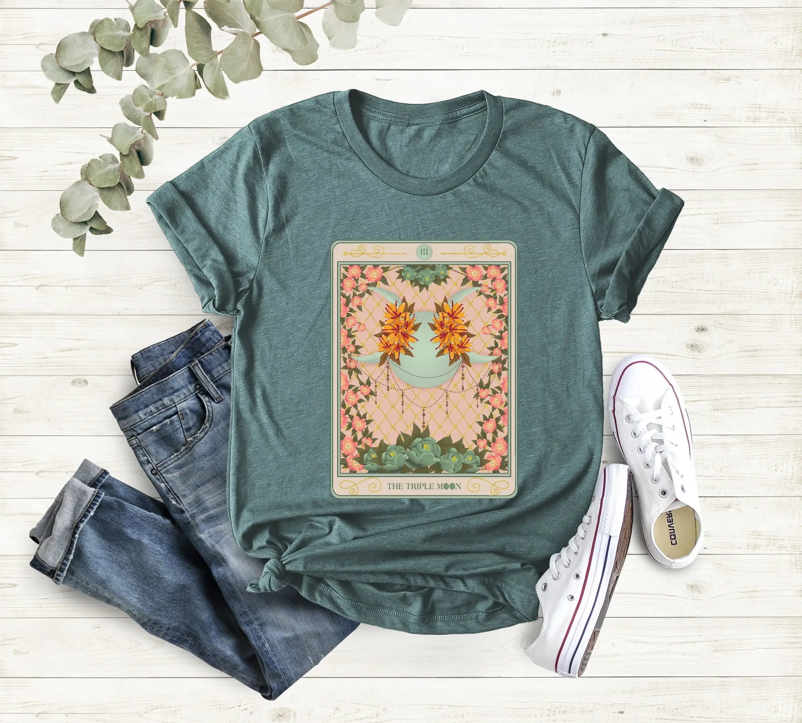 The Triple Moon Tarot Card T Shirt Mystical Phase Witchy Clothing Celestial Summer Spiritual