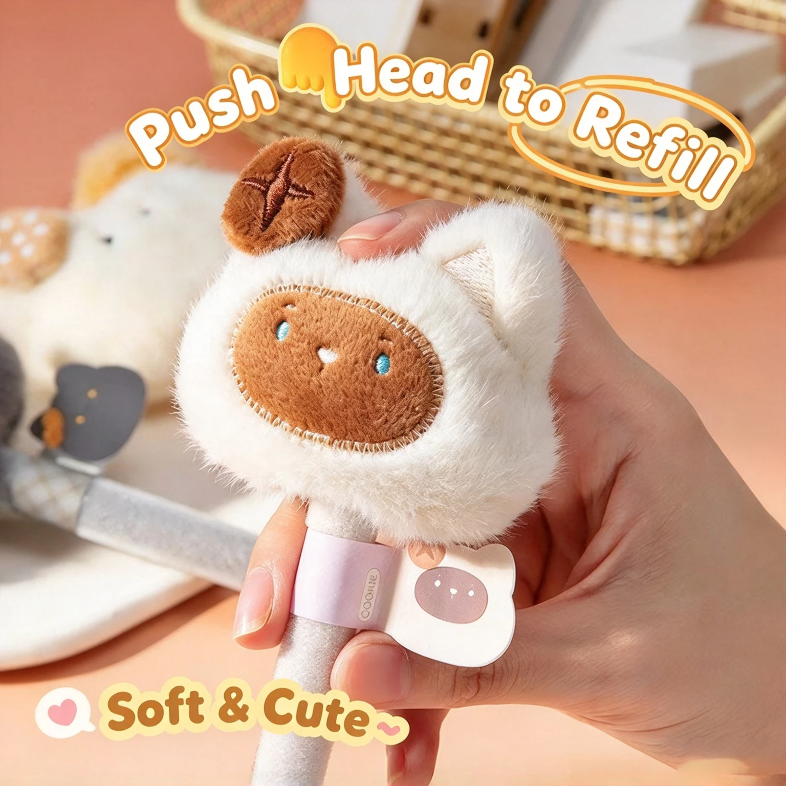 Kawaii New Plush Push-button Gel Pen, Adorable Little Bear and Kitten, High-appeal Cartoon Student Stationery Gel Pen Cute Gift