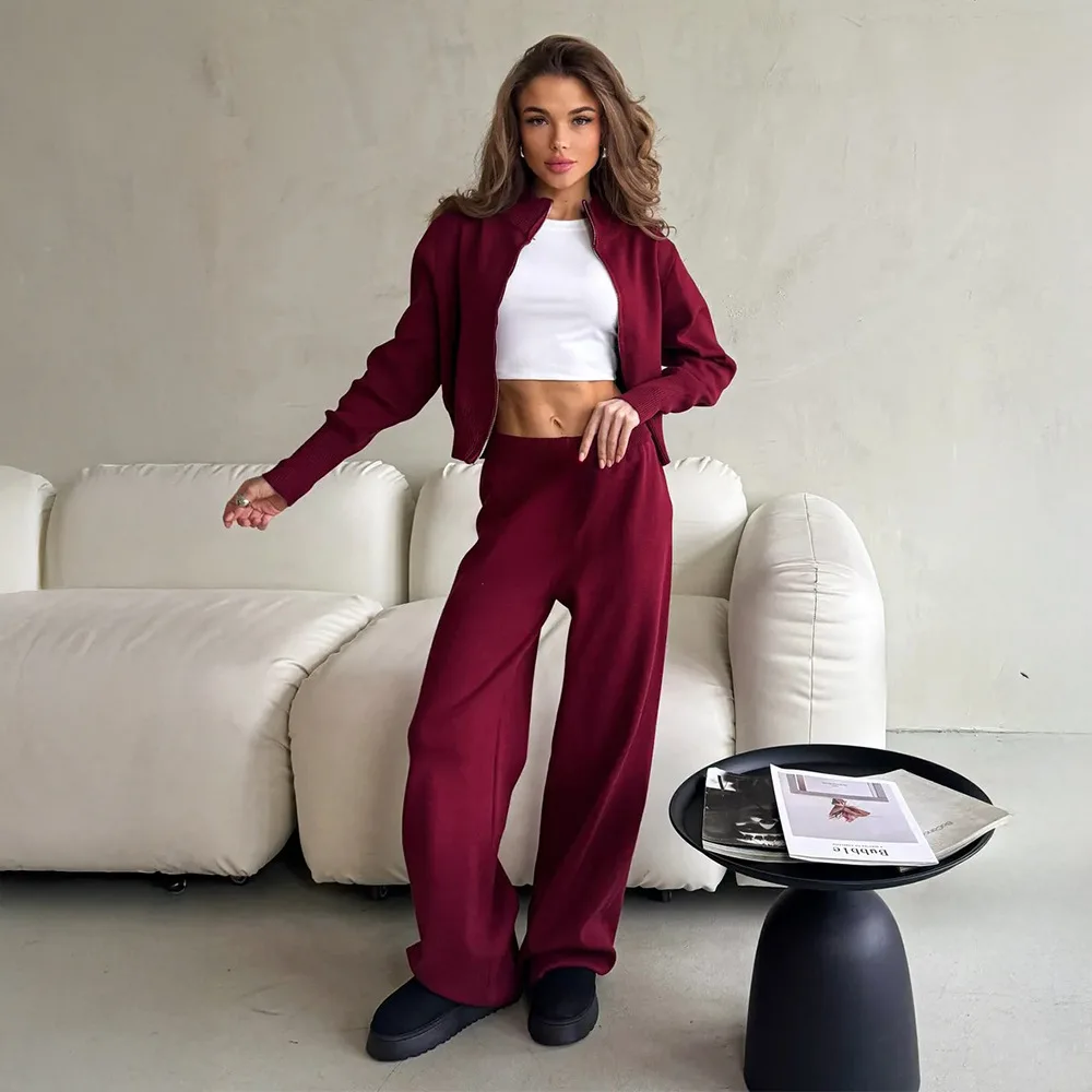 Осенне-зимний женский вязаный брючный костюм, модный милый однотонный толстый теплый кардиган, свитер, повседневные вязаные широкие брюки, 2 шт.