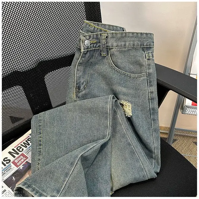 American high street ripped straight leg washed jeans for men and women summer personality loose hip-hop street casual pants y2k