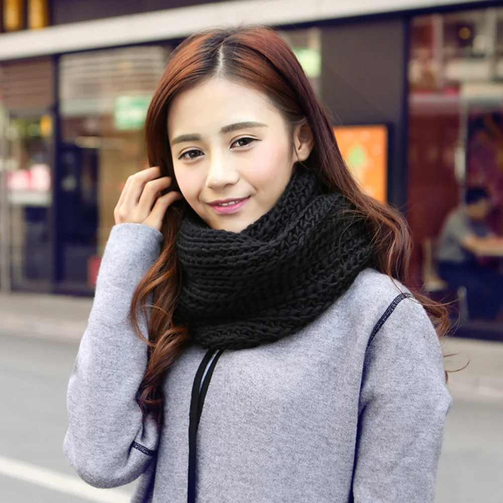 Women Winter Warm One Circle Knit Wool Blend Cowl Loop Scarf Shawl Thick Neckerchief (Black) winter scarf