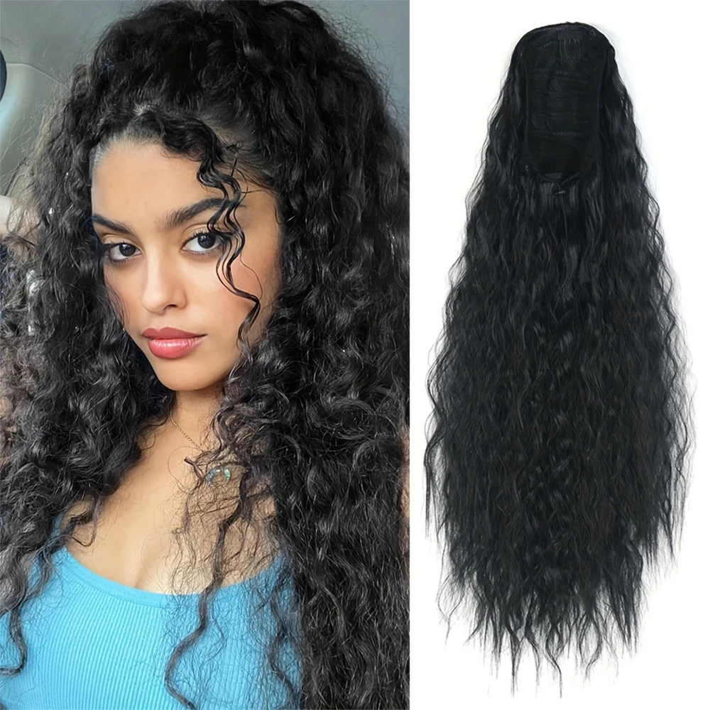 22 นิ้วยาวผมหางม้าสังเคราะห์ Extension ข้าวโพด Curly Wavy Drawstring ปลอม Pony Tail Fluffy Hairpiece สําหรับวิกผมผู้หญิง Extension