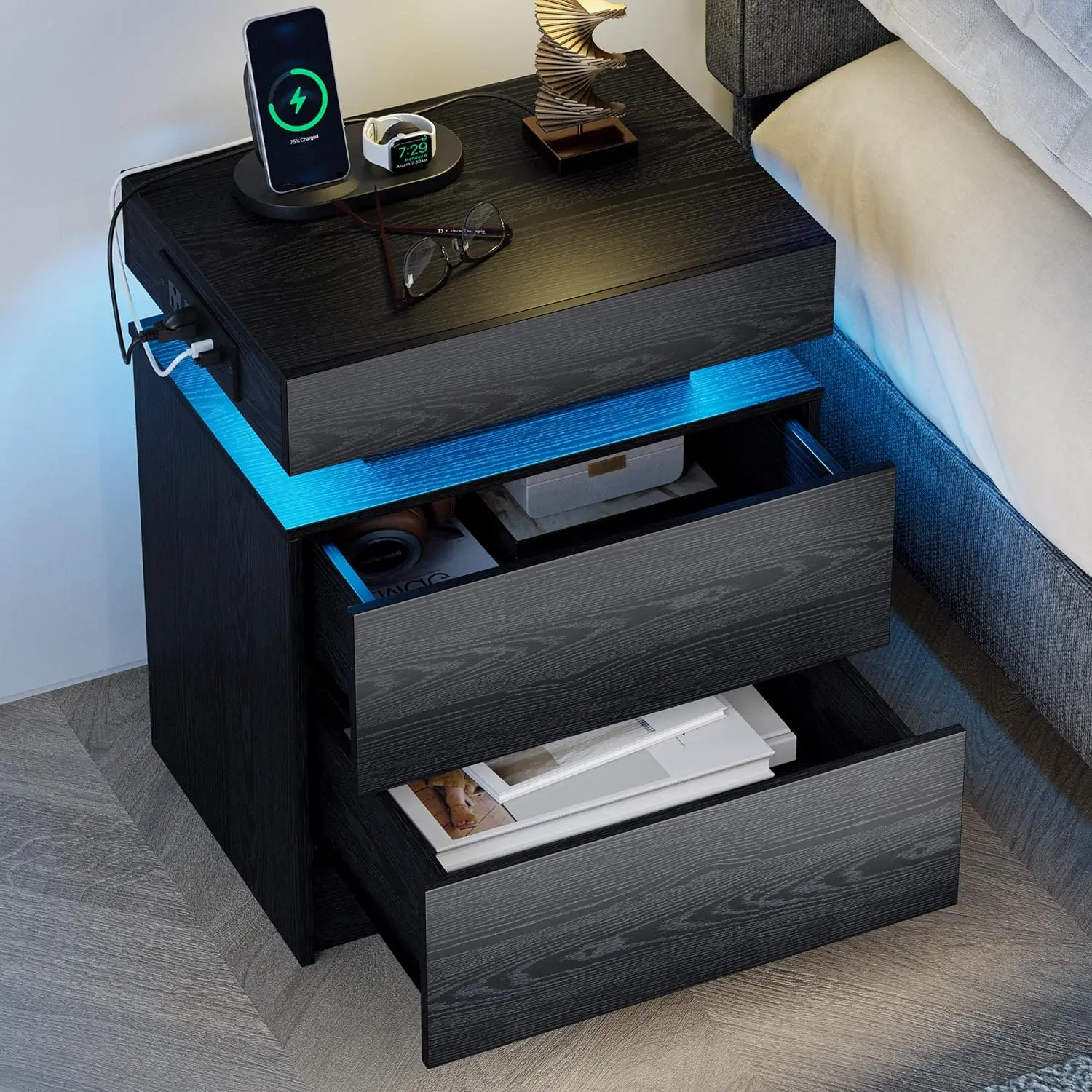 Nightstand with Charging Station, LED Lights & Drawers, Modern Black Bedside Table for Bedroom