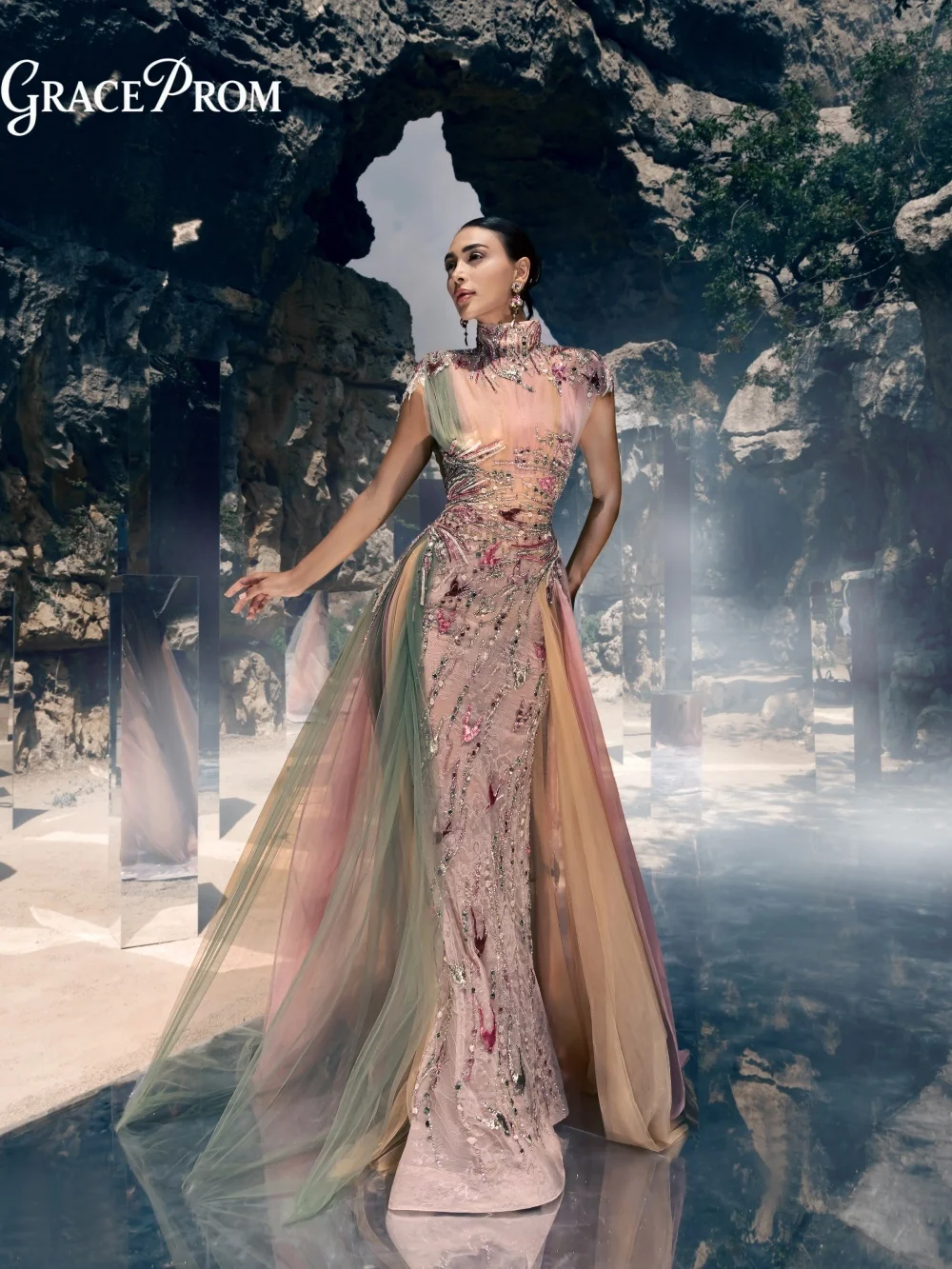 Luxurious High Neck Sleeveless Multicolor Beaded Evening Gown Layered Gradient Tulle Formal Prom Wedding Guest Dress فساتين سهرة