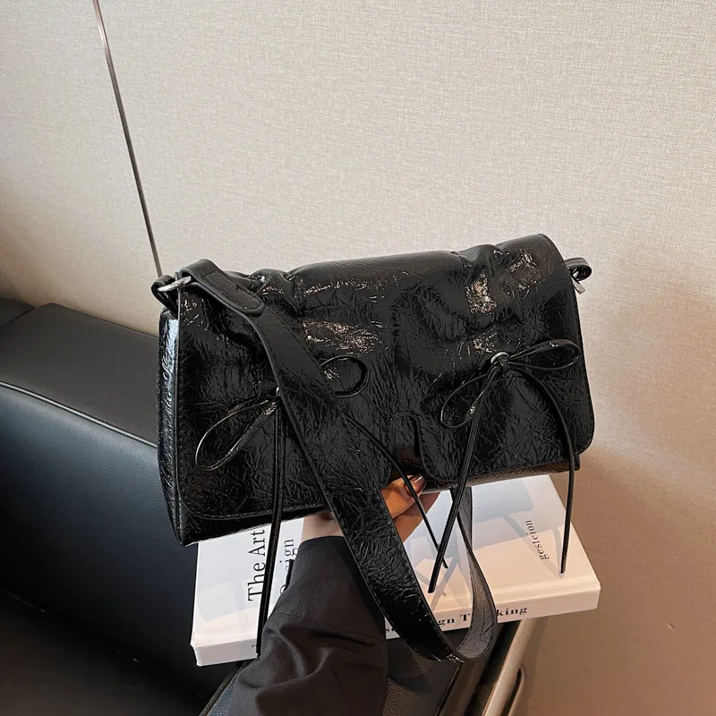 

Плиссированная сумка-багет на шнурке, женская сумка-багет, новинка 2025, сумка через плечо премиум-класса с бантом