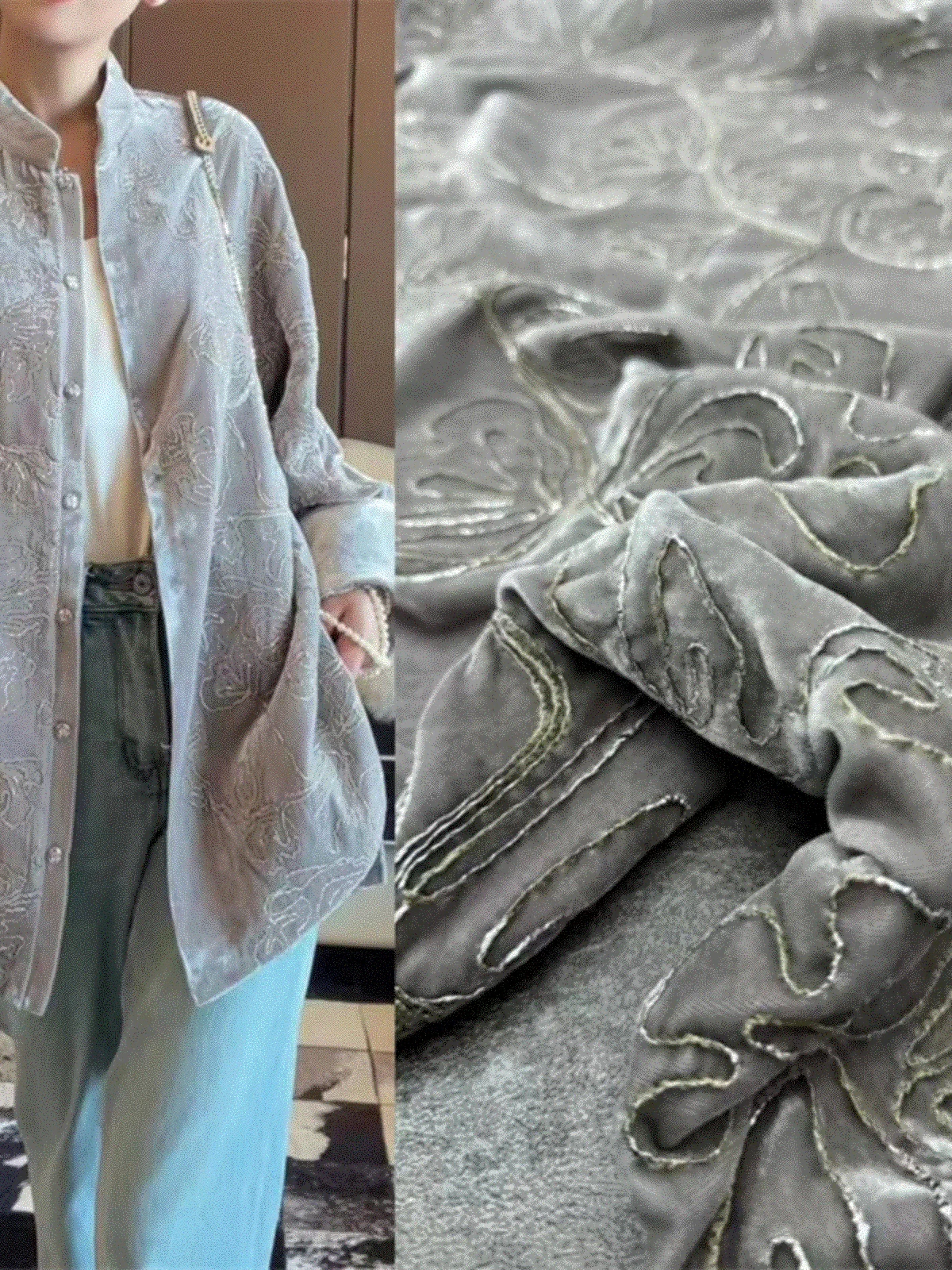 

Серебристая шелковая бархатная ткань с вышивкой в традиционном китайском стиле для пошива жилетов и верхней одежды, шелковый материал для рукоделия и домашнего творчества