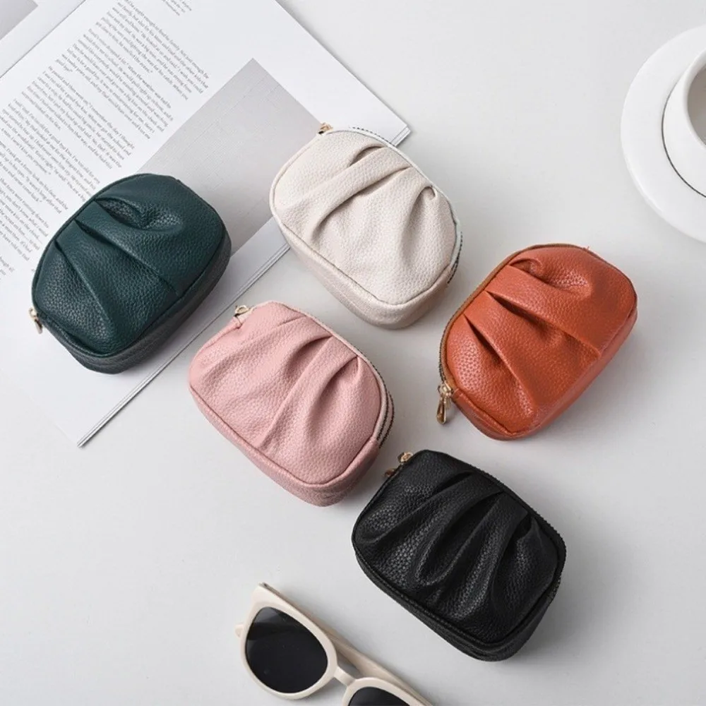 Elegant Wrinkle Mini Wallet Double-layer Zipper PU Leather Coin Purse Multifunctional Solid Color Card Holder Men