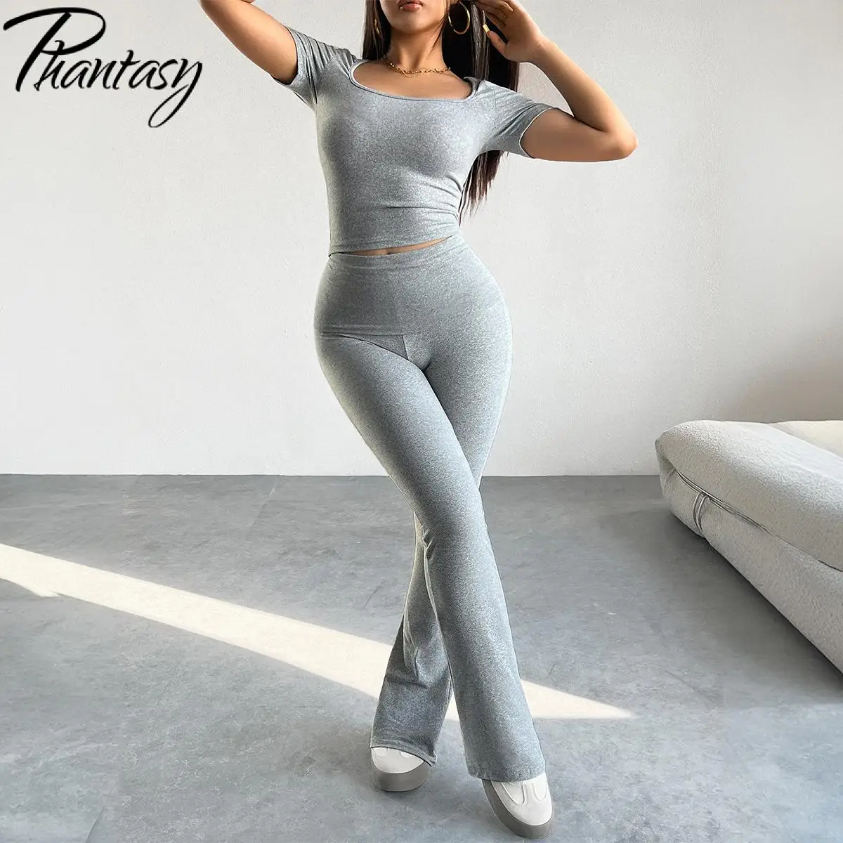 Phantasy Y2K Women\'s Two-Piece Set Pants Suits Grey Yoga Fitness Trousers Fashion Casual Tops Slim Streetwear Summer Outfit