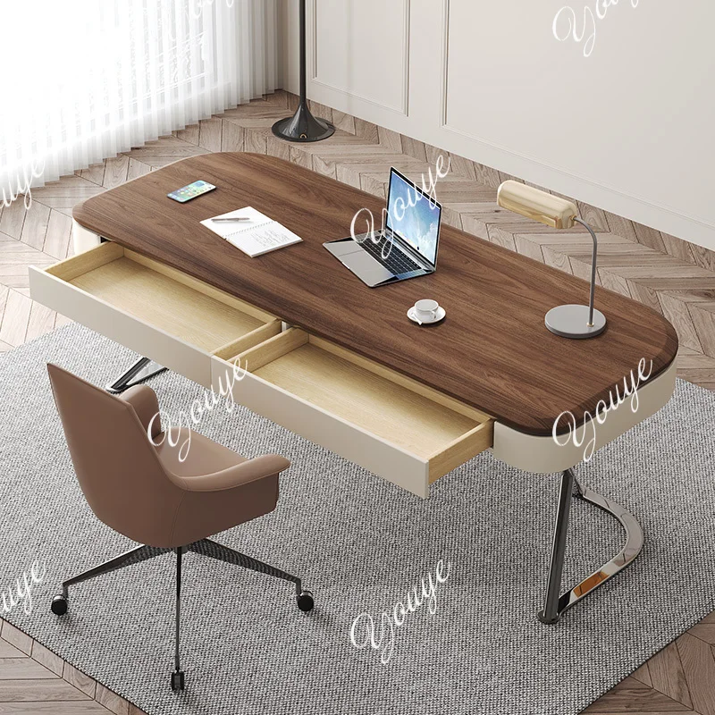 

Solid wood desk Modern minimalist home Living room Study light luxury office workbench Saddle leather