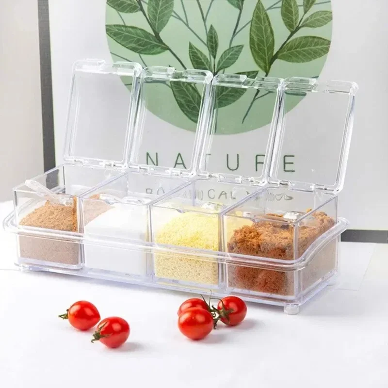 4 قطع من صندوق توابل المطبخ الشفاف، حاوية تخزين، برطمانات التوابل، صندوق توابل أكريليك مع غطاء وملعقة