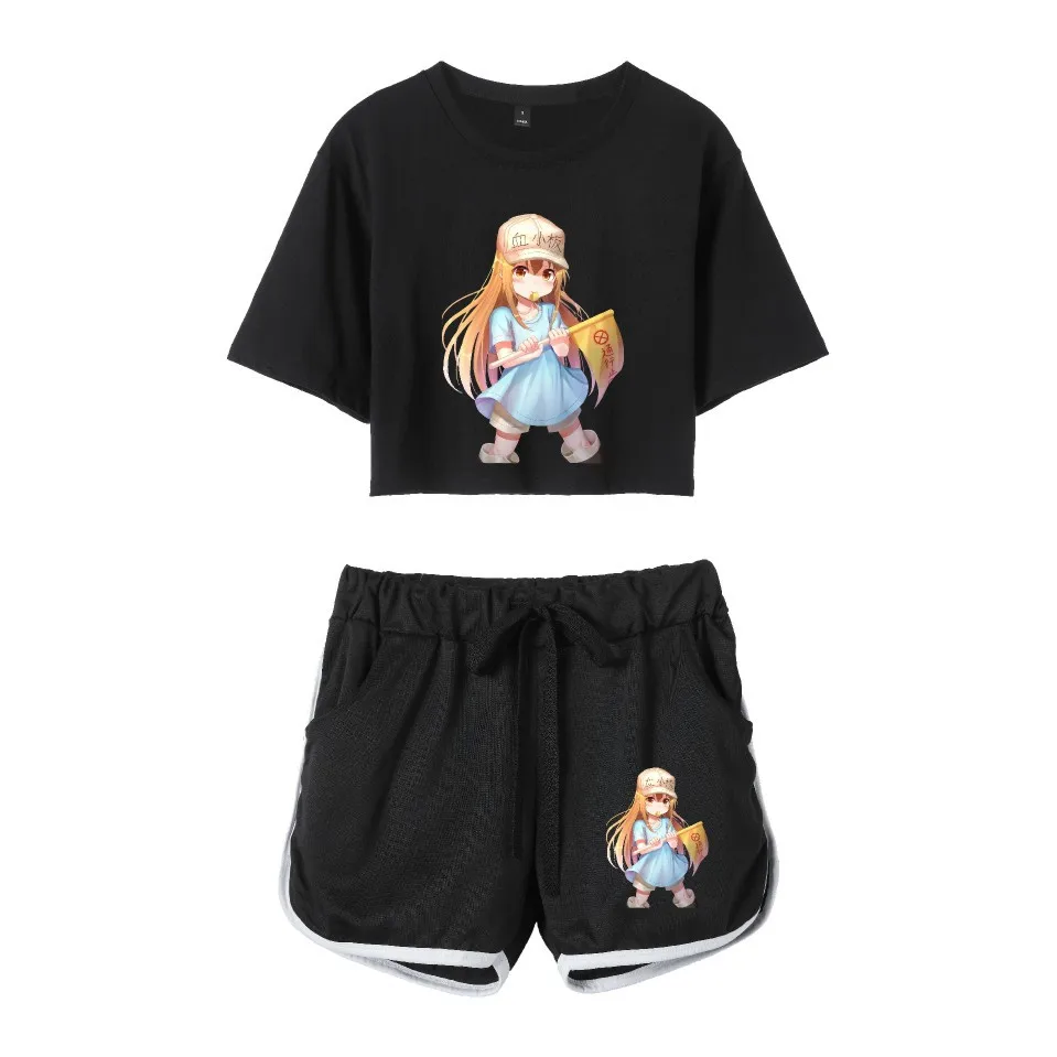 

Fashion Creative Cells at Work Print Two Piece Set Women Sexy Shorts+lovely T-shirt Cute Classic Dew navel Sport Girl suits