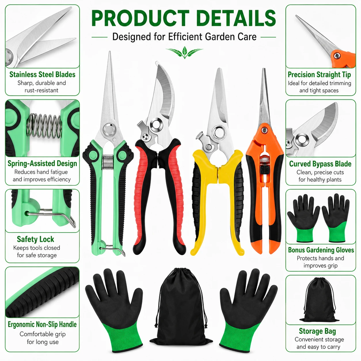 Stainless Steel Gardening Pruning Shears Labor-Saving Scissors Set Perfect for Pruning Fruit Trees Flowers and Thick Branches