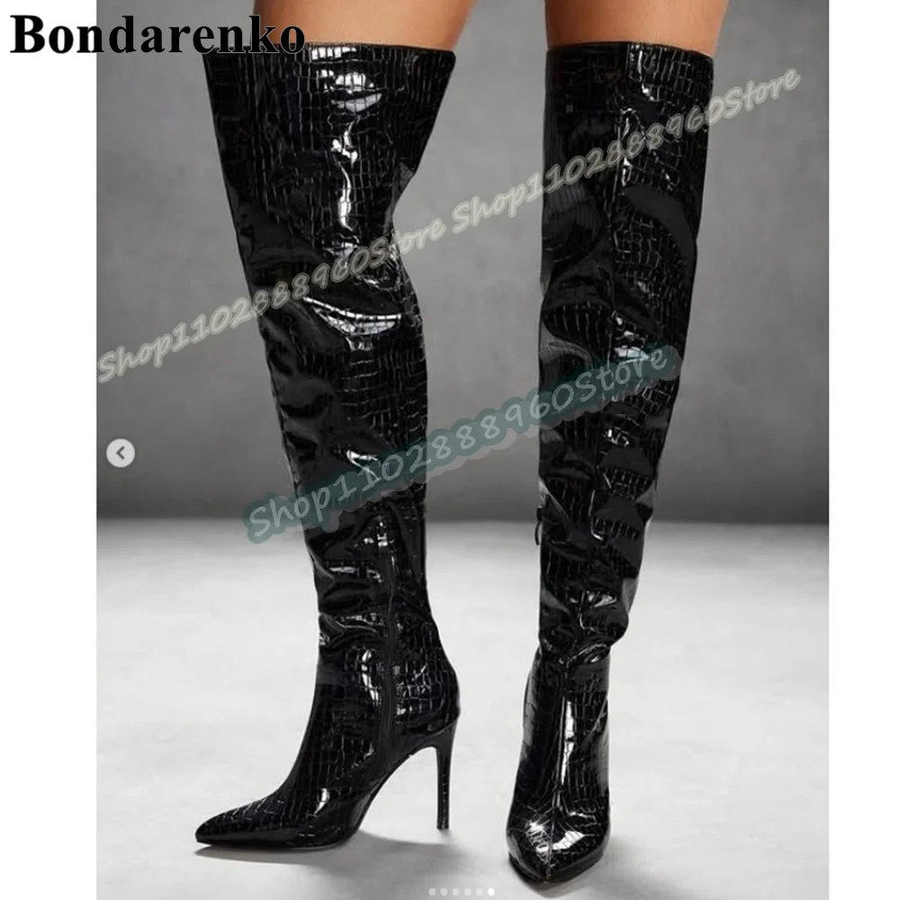 Черные кожаные ботинки выше колена из крокодиловой кожи с острым носком, женские трендовые ботинки на тонком высоком каблуке с боковой молнией и острым носком
