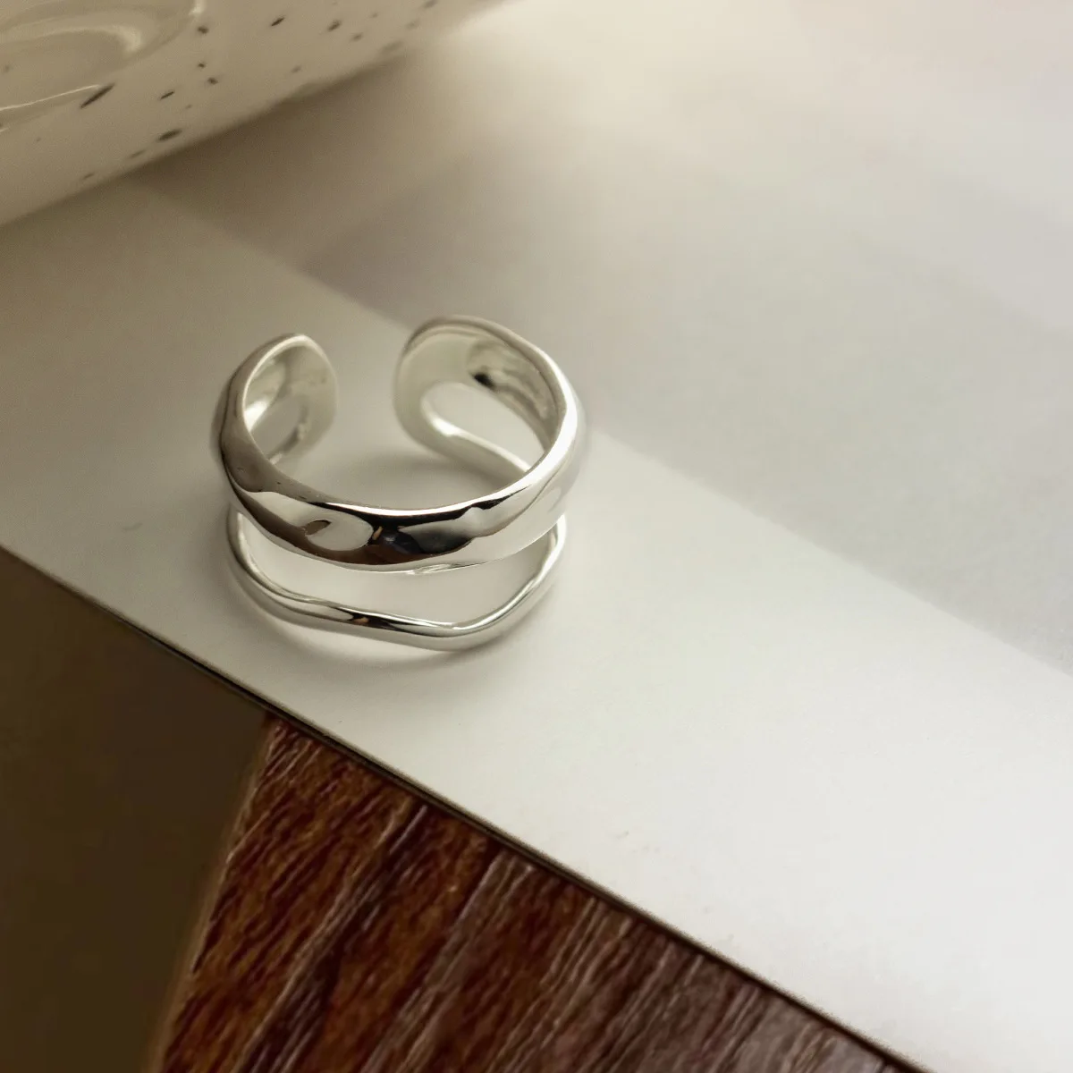 100% 925 Sterling Silver Geometric Open Ring for Women Girl Simple Double Layered Wave Design Jewelry Party Gift Dropshipping