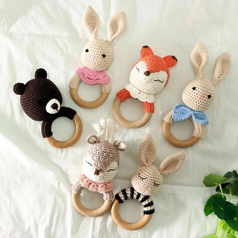 Baby Teether Wooden Ring Handmade BPA Chewing Teething Cotton Thread Crochet Animal Rattle Knitted Hand 15UB