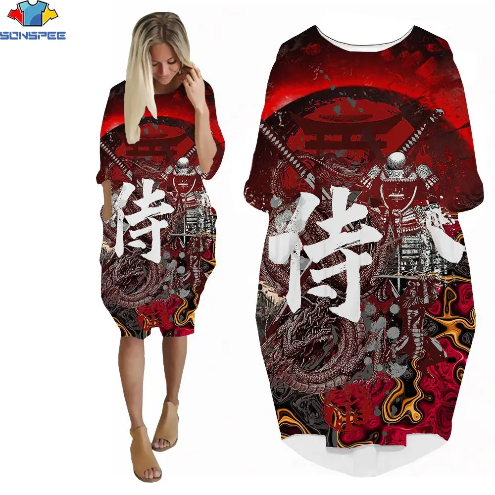 

SONSPEE 3D Print Harajuku Style Ladies Dress Japanese Samurai Katana Graffiti Bar Party Dark Ghost Trend Sexy Loose O-Neck Dress