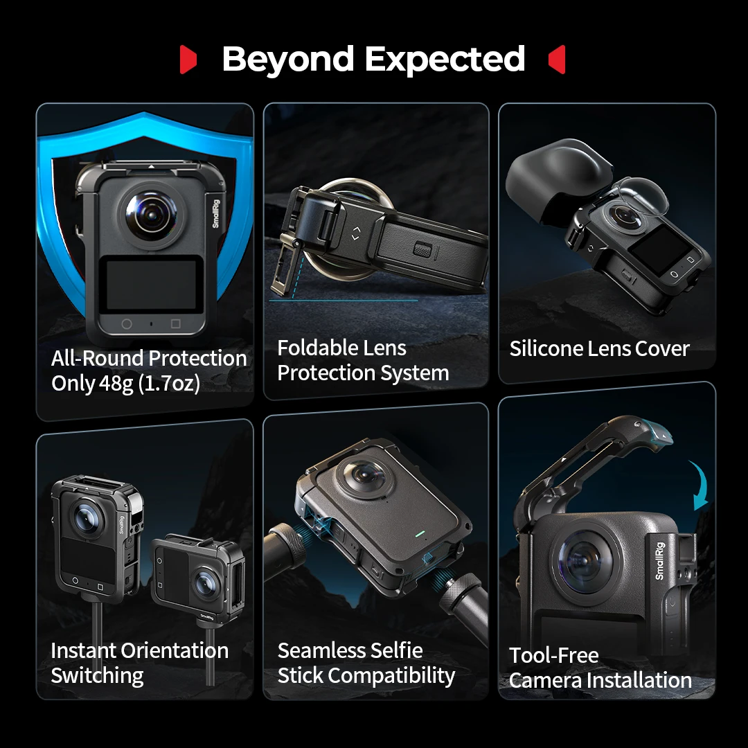 قفص SmallRig 5704 لـ DJI Osmo 360 مع غطاء عدسة سيليكون 1/4 بوصة - 20 برغي مع دبابيس مضادة للالتواء حذاء بارد خفيف الوزن للغاية 48 جرام
