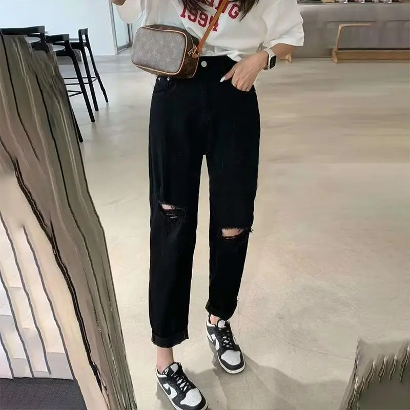 Women's High Waist Skinny Jeans Summer Thin Elastic Loose Fit Black Hole Ripped Straight Leg Pants Nine Points Small Size