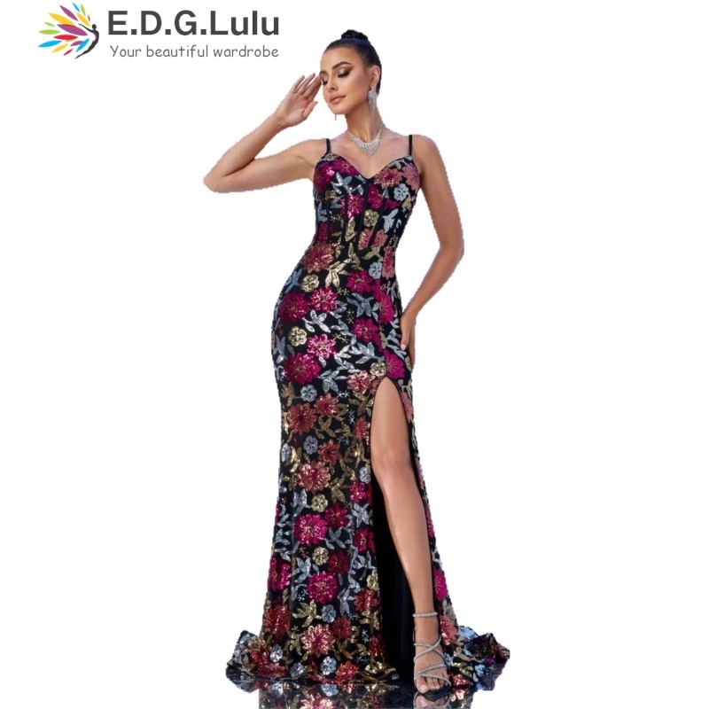 EDGLuLu Elegante scollo a V senza maniche festa di compleanno abito donna sexy backless floreale con paillettes alta fessura abiti lunghi a sirena 0629