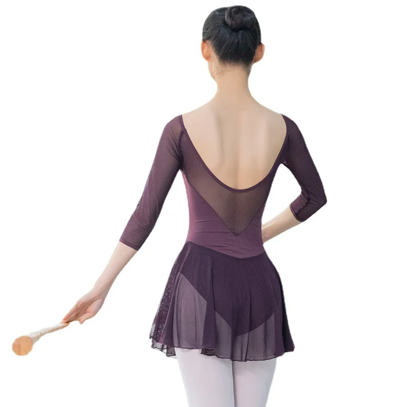 Ballet dance practice suit, women's leaky back, medium sleeved, short sleeved body dance skirt, practice skirt, adult gymnastics