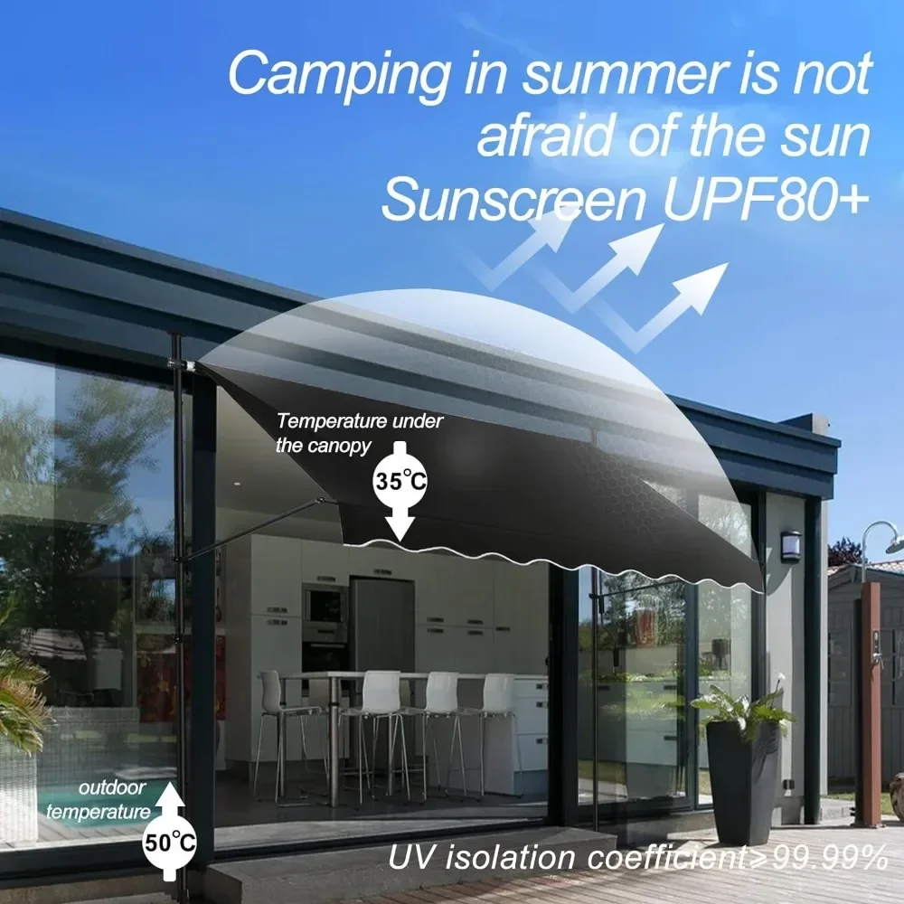 Manual Retractable Awning  118” Non-Screw Outdoor Sun Shade  Adjustable Shade Cover with UV Protection Awning