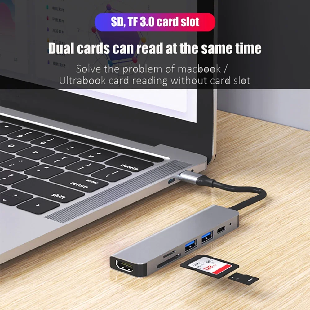 6-in-1 USB C 도킹 스테이션 유형 C 허브 유형 C-HDMI 어댑터 4K30Hz PD 87W USB 3.0 Macbook 용 5Gbps 고속 전송