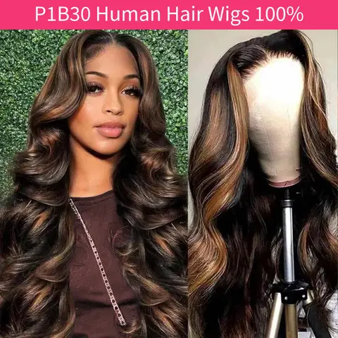 P1B30 Highlight Body Wave Human Hair Wigs 100%Human Hair Quality 13X6 Hd Lace Frontal Wigs 250 Density Brazilian Lace Front Wigs
