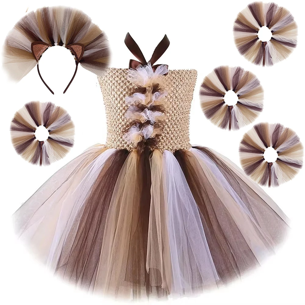 Brown Jungle Lion Tutu Costumes for Baby Girls Animal Halloween Fancy Dresses for Kids Christmas New Years Outfit with Hairs Bow