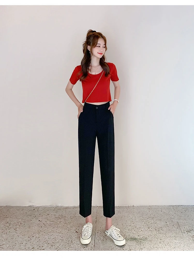 

plus Size Women's Casual Tailored Pants High Waist Straight Leg Seven Or Nine Inch e Tube Pants Korean Sle plus Size