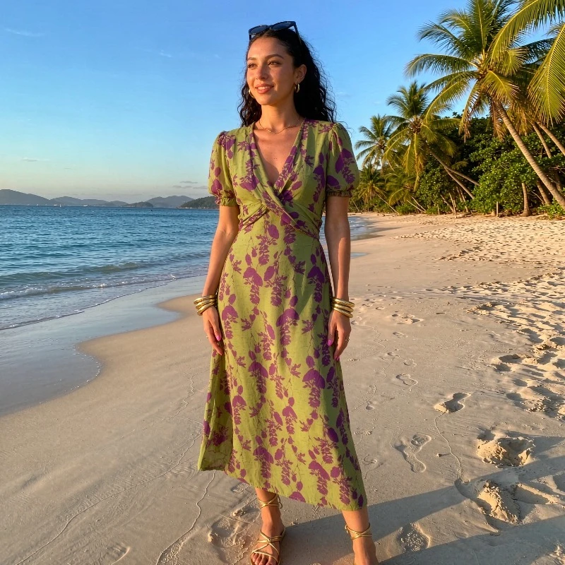 Elegant Short Sleeve Contrast Printed Slim Fit Maxi Dress Women Summer Tropical Beach Vacation Daily Casual Wear Outfit Set