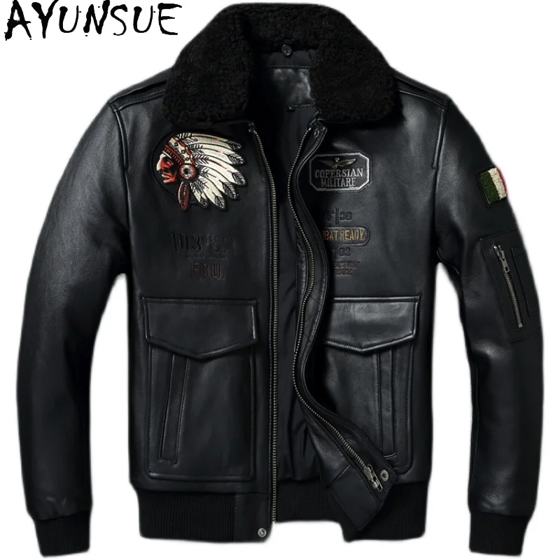 

AYUNSUE Genuine Leather Bomber Jacket Sheepskin Winter Coats Mens Clothing Short Black Jackets Fur Collar Chaquetas Para Hombre