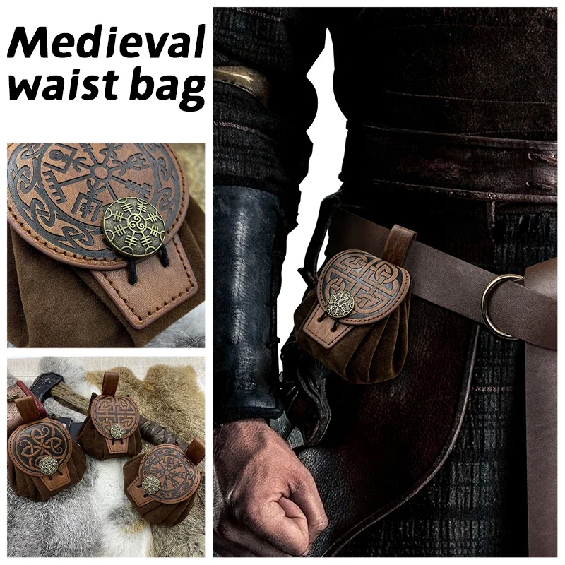 Medieval Faux Leather Pouch Portable Drawstring Purse Belt Pouch Vintage Steampunk Renaissance Belt Pouch Dice Bag for Men Women