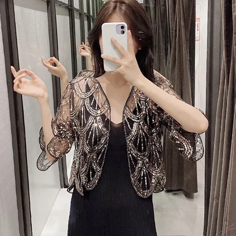 New Summer Short Sleeve Sequins Hollow Dress Shawl Capes Jackets Women Jacket 2024 Short Cardigan Women Little Shawl Capes D493