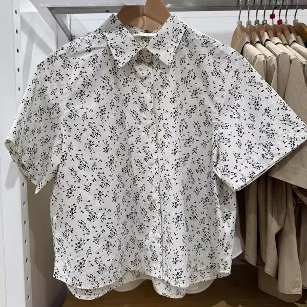 

Women's Cotton Printed ort Sve irt Casual Top Spring Summer New Sle Comfortable Breathable Collar Single Button